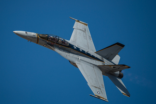 F/A-18 Super Hornet from the US Navy Tac Demo team flying at the Reno Stead airport at the Reno Air Races