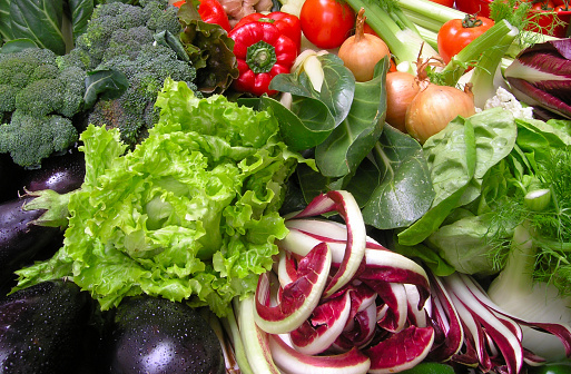Assortment of fresh vegetable. Fruits and vegetables from edge to edge: