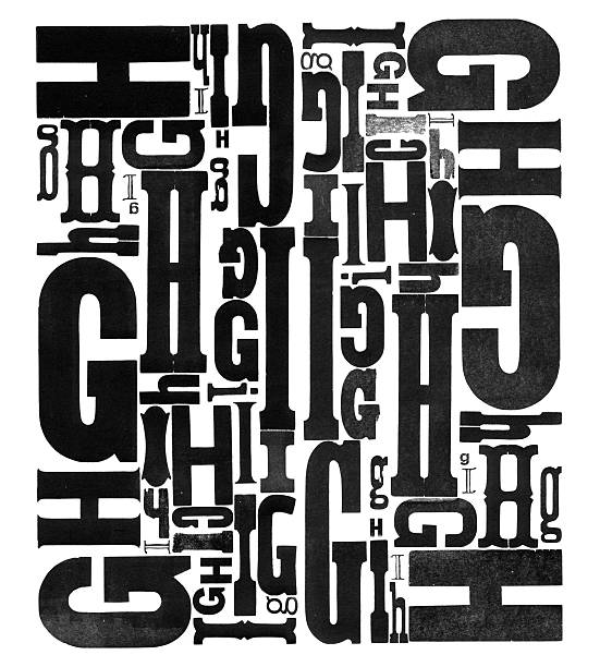 grunge madeira escrever letras g h i - letterpress typescript alphabet wood imagens e fotografias de stock