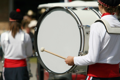 Bass drum on parade in a marching band.
