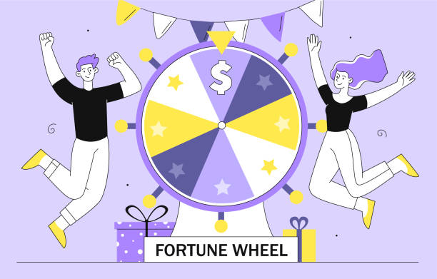 ilustrações de stock, clip art, desenhos animados e ícones de people with fortune wheel vector line concept - people gambling line art casino