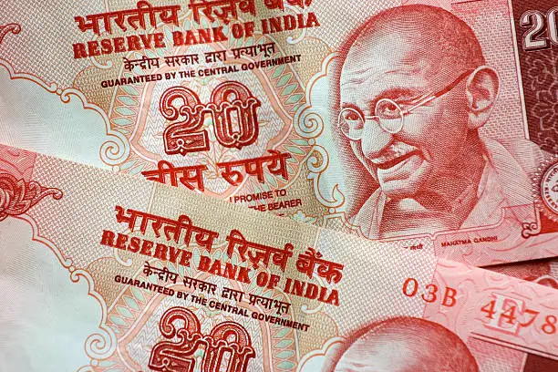 macro shot of 20 rupee notes
