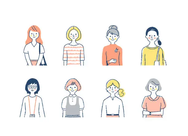 Vector illustration of 8 different women, upper body