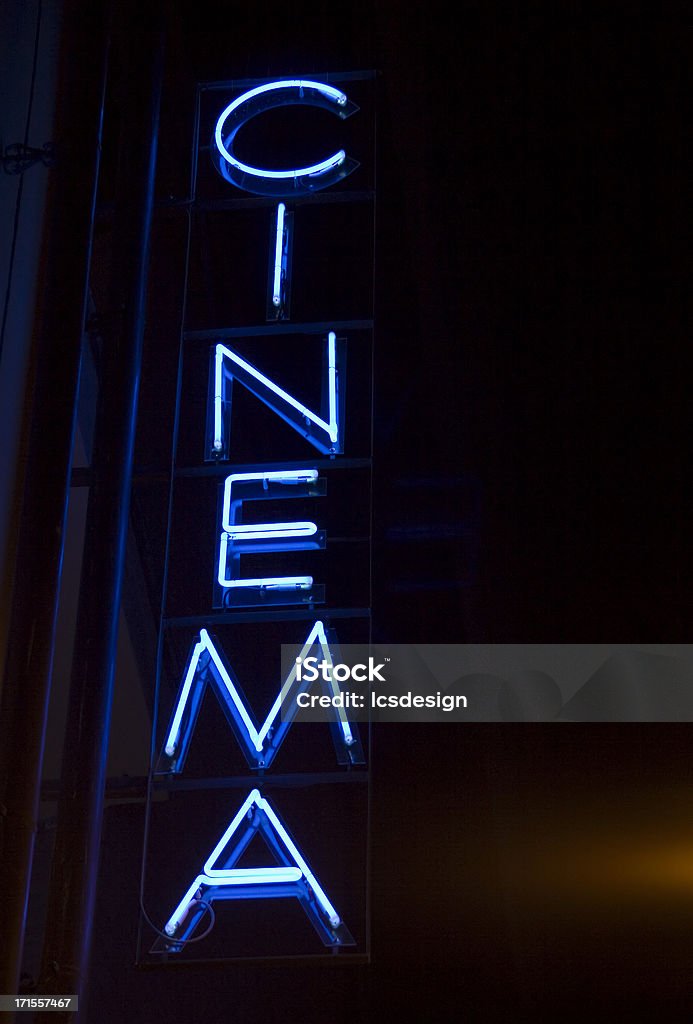 Cinema neon sign 02 "Blue fluorescent (neon) sign. This is part of a series.Send usages and comments, please.Rear shot available:" Film Industry Stock Photo