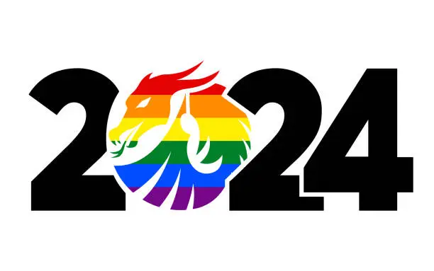 Vector illustration of LGBTQ 2024 rainbow logo with the dragon. Icon with the symbol of the year. Simple, modern, and concise design.