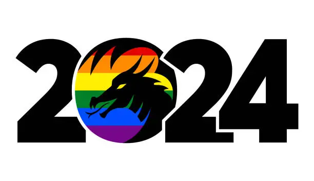 Vector illustration of LGBTQ 2024 rainbow logo with the dragon. Icon with the symbol of the year. Simple, modern, and concise design.