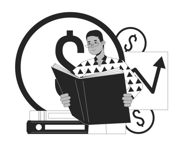 Financial education bw concept vector spot illustration Man reading book bw concept vector spot illustration. Man reading bookkeeping book. Finance management 2D cartoon flat line monochromatic on white for web UI design. Editable isolated color hero image accounting drawings stock illustrations
