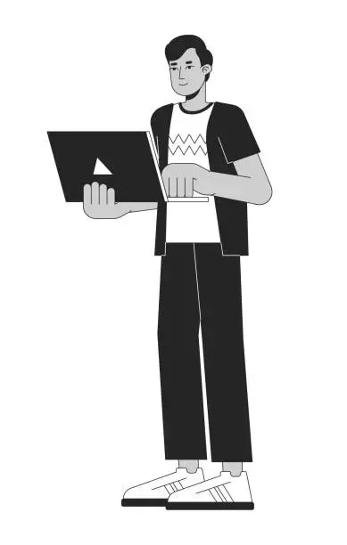 Vector illustration of Promising young man holding laptop flat line black white vector character
