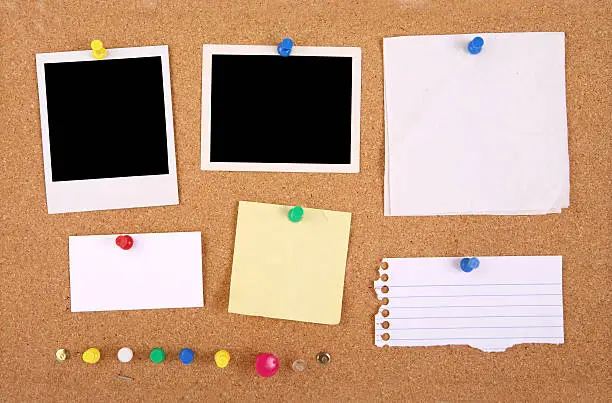 "A corkboard interface with pinned items.  1 Business Card, 1 napking, 1 Photo, 1 Sticky Note and 1 Piece of lined notebook paper. Also, an assortment multi colored push pins to place wherever you see fit.  Items are slightly grunged and show lots of detail giving them a very life like appearance on-screen.  Perfect for a backgound. You fill in the notes and pictures and place as you wish.  The corkboard background is very easy to clone around."