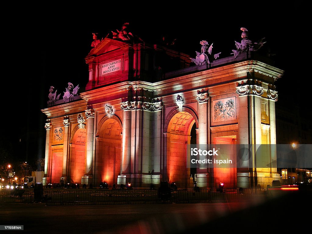 Puerta de Alcala (Full View) - Madrid - Special Event A full view of the Puerta de Alcala in Madrid while displaying a colorful illumination to celebrate the wedding of Prince Felipe and his fiance.  20-24 Years Stock Photo