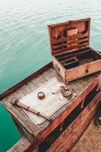 ancient nautical navigation equipment with compass, telescope and map on wood sailing boat