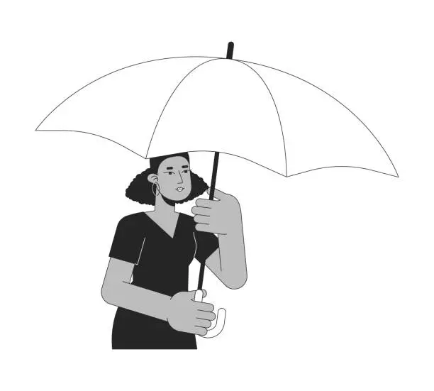 Vector illustration of African american woman under umbrella flat line black white vector character