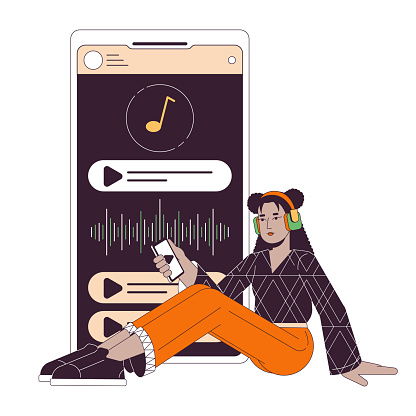 Listening to music on smartphone flat line concept vector spot illustration. Woman sitting in headphones 2D cartoon outline character on white for web UI design. Editable isolated color hero image