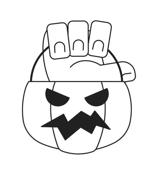 Vector illustration of Holding Halloween pumpkin basket monochrome flat vector hand