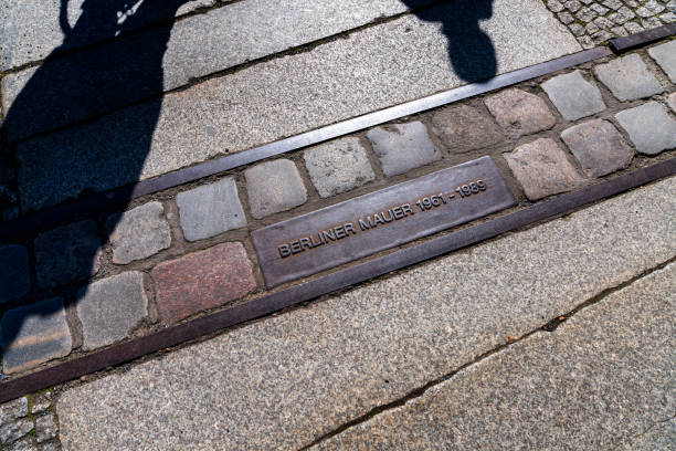 Steel plaque with the inscription Berliner Mauer (Berlin Wall) 1961-1989 on a cobblestone line where the Berlin Wall once stood.