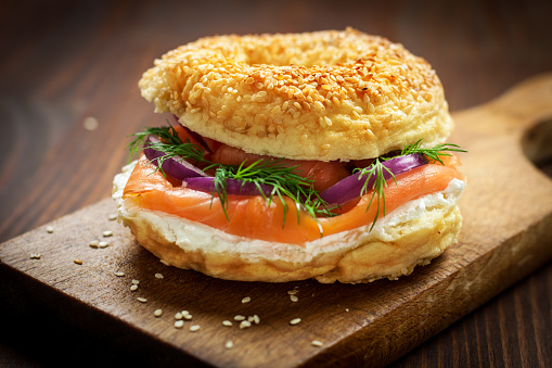 Smoked Salmon with cream cheese on a bagel