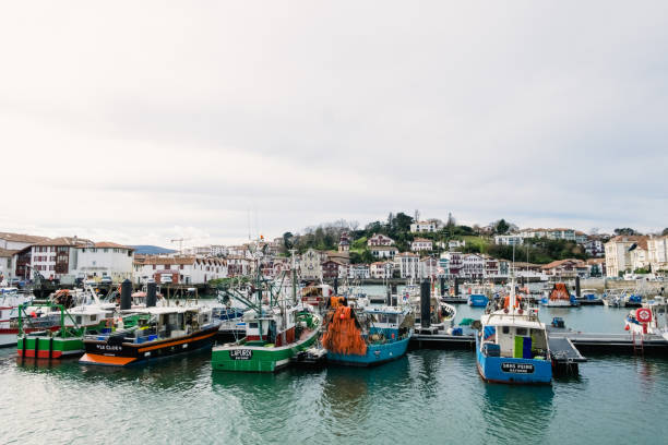Saint Jean de Luz, France - December 29, 2022: Fishing boats moored without going out to fish during holidays.