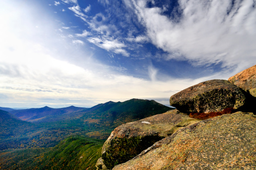 View towards the southwest from the Mt. Garfield summit. View includes the entire Franconia Range/Franconia Ridge: (l-r) Mts. Flume, Liberty, Little Haystack, Lincoln, and Lafayette. Also shown is part of Owl's Head Mountain, far left). Mt. Garfield is located on the northern rim of the Pemigewasset Wilderness in the White Mountains of New Hampshire.