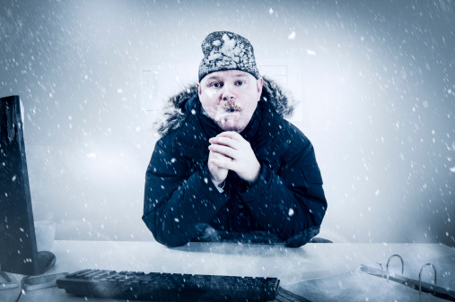 Office worker with mustache in cold snow. Frosty