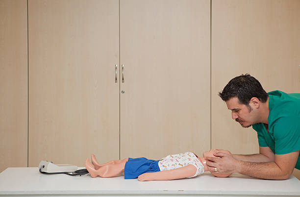Basic life support training with a CPR Dummy-servikal immobilization stock photo