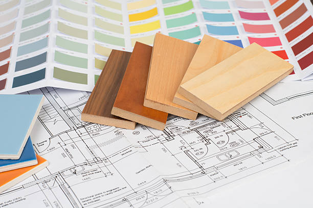 Interior design flooring tiles and color scheme choices Samples of wood and tiles on top of house plans design color swatch painting plan stock pictures, royalty-free photos & images