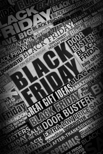 A  grungy, grainy black and white collage made up of newspaper clippings pertaining to topic of the black Friday, the day after thanksgiving sale event.Please consider my light-box that contains several successful images in the \