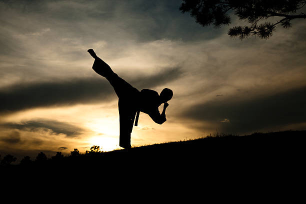 mulher de silhueta praticando artes marciais, karate.  pôr-do-sol.  ao ar livre.  céu. - martial arts women tae kwon do black belt - fotografias e filmes do acervo