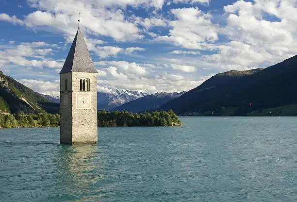 Nice view of a flooded church in Lago di Resia, northern Italy