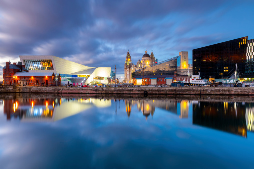 Wide angle view of iconic landmarks on the Liverpool waterfont, taken at dusk. Liverpool, England.