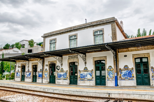 The train station in the small town of Pinhao, Portugal with its well known decorative tiled paintings on its walls.