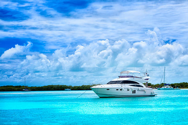 yacht de luxe ancrés dans une île tropicale turquoise beach - anchored photos et images de collection