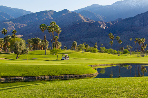 Late afternoon light cast a warm glow to a golf course in Palm Springs, California
