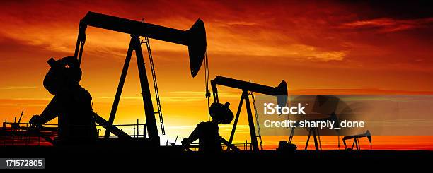 Xxxl Pumpjack Silhouettes Stock Photo - Download Image Now - Crude Oil, Texas, Offshore Platform