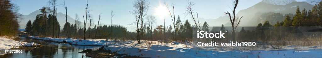 XXL Winter, Panorama-Landschaft mit einsamen Bäumen und Sonntag - Lizenzfrei Fluss Stock-Foto