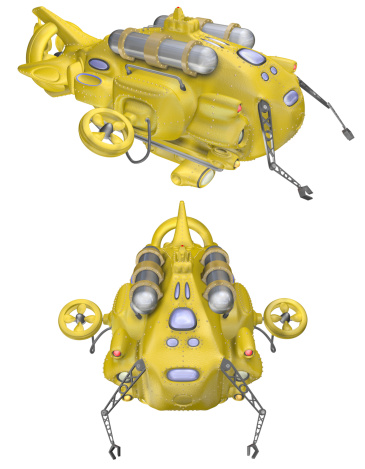 Deep sea research submarine rendering with two views over white. Hand made model with over 1500 parts. Global illumination and high quality shadows.