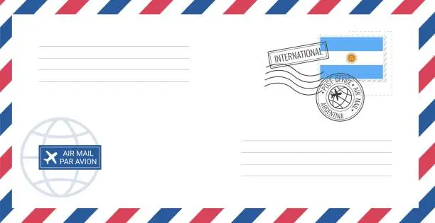 Vector illustration of Blank air mail envelope with Argentina postage stamp. Postcard vector illustration with Argentinian national flag isolated on white background.
