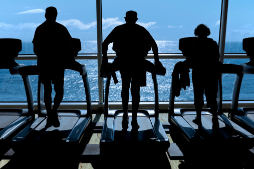 Exercising on a treadmill while on board a ship
