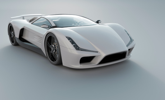 Front view of a white sports car. Unique design, modelled entirely by myself. Very high resolution 3D render. All markings are fictitious.