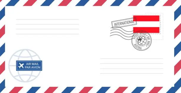 Vector illustration of Blank air mail envelope with Austria postage stamp. Postcard vector illustration with Austrian national flag isolated on white background.