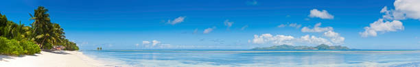 Paradise beach idyllic tropical island lagoon palm trees super panorama