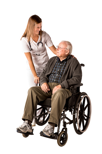 Nurse and Elderly Man with Wheelchair isolated on white