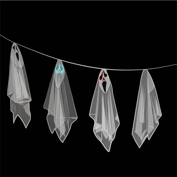Vector illustration of Halloween Ghosts dancing in the air in a black background.