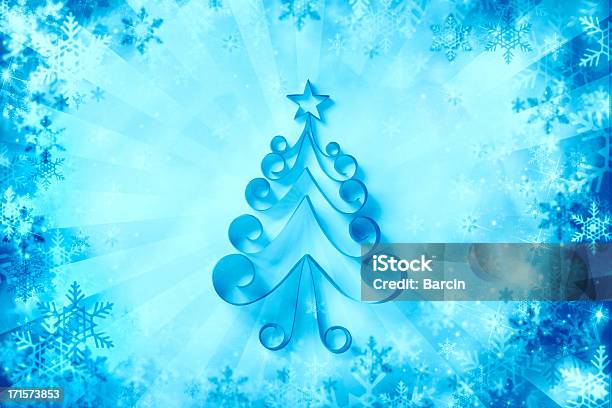 Paper Christmas Tree On Snowflake Background Stock Photo - Download Image Now - Abstract, Backgrounds, Blue