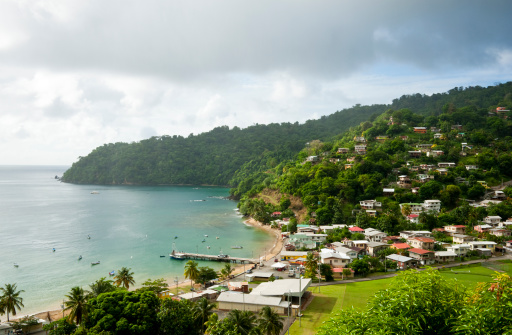 A community of homes built along the coastline and up the side of the mountain in Tobago, West Indies.