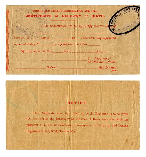 Front and back views of an old British certificate of the registry of birth of a child. (All personal details removed.)