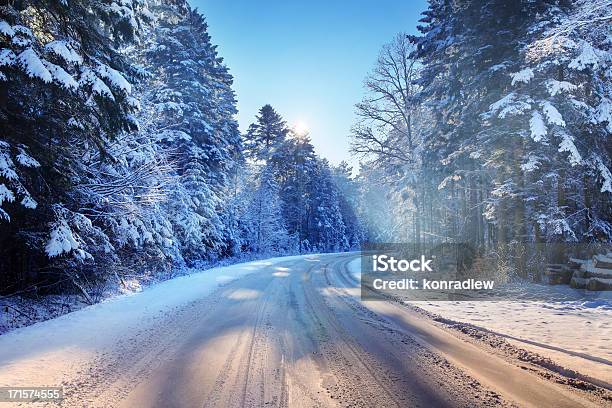 Curved Country Road Snowy Winter Stock Photo - Download Image Now - Road, Winter, Snow