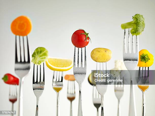 Raw Vegetables On Forks Stock Photo - Download Image Now - Healthy Eating, Vegetable, Food