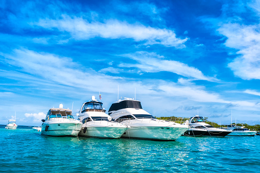 Miami, USA - April 23, 2022: Luxury yachts at the Bayside Marina in Miami, Florida USA