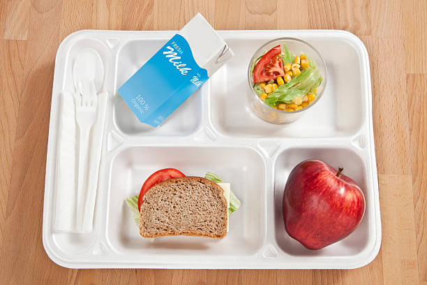 School lunch tray White School lunch tray on white background. Milk Bottle with custom design label. cafeteria sandwich food healthy eating stock pictures, royalty-free photos & images