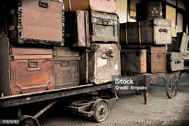 Vintage Luggage On A Railway Platform Stock Photo - Download Image Now - Retro Style, Old, Railroad Station Platform